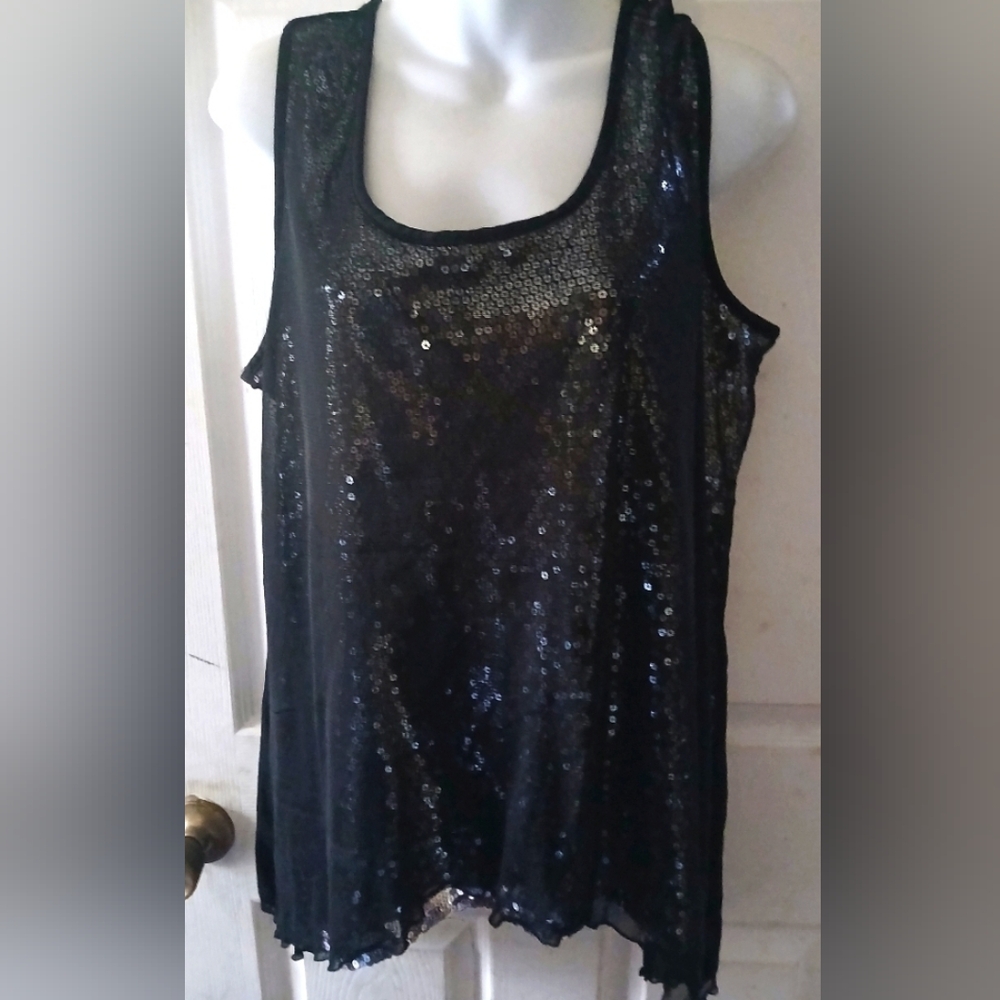 Apostrophe - Women's Black/Silver Sequin Sleeveless Asymmetrical Large Blouse